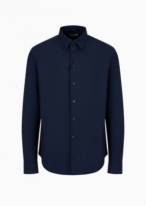 Navy Blue Emporio Armani Modern-fit Shirt In Stretch Fabric With Small Collar | EA-SN57929