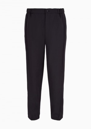 Navy Blue Emporio Armani Natural Stretch Canvas Trousers With Elasticated Cuffs | EA-SN58394