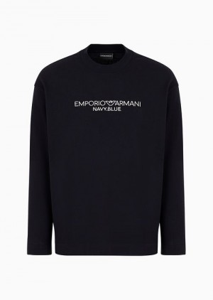 Navy Blue Emporio Armani Navy Blue Heavyweight Jersey Jumper With Logo Embroidery | EA-SN58661