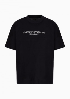 Navy Blue Emporio Armani Navy Blue Heavyweight Jersey T-shirt With Logo Embroidery | EA-SN58662