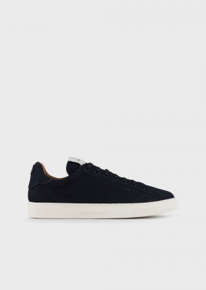 Navy Blue Emporio Armani Nubuck Sneakers With Back Logo | EA-SN58955