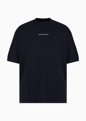 Navy Blue Emporio Armani Oversized-fit T-shirt In Heavyweight Jersey With Logo And Cross-over Tape | EA-SN58634