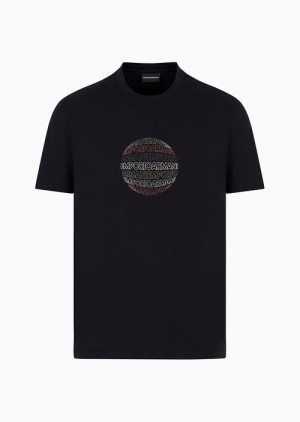 Navy Blue Emporio Armani Pima Jersey T-shirt With Rubberised Stencil Logo | EA-SN58643