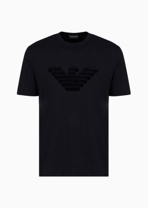 Navy Blue Emporio Armani Pima-jersey T-shirt With Flocked Logo Print | EA-SN58588