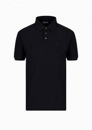 Navy Blue Emporio Armani Piqué Polo Shirt With Raised Micro Eagle Embroidery | EA-SN58424