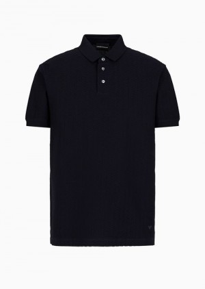 Navy Blue Emporio Armani Polo Shirt In Jersey Jacquard With Wave Motif | EA-SN58431