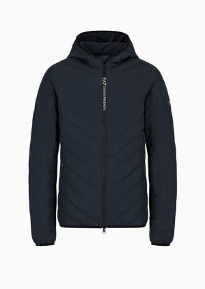 Navy Blue Emporio Armani Premium Shield Packable Puffer Jacket With Hood | EA7-SN59801