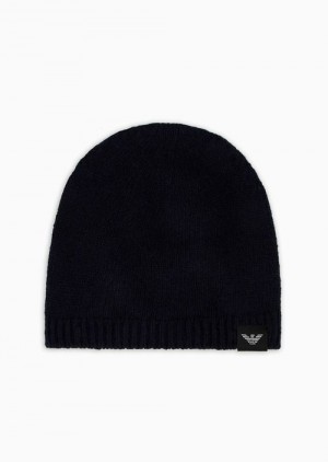 Navy Blue Emporio Armani Pure Cashmere, Ribbed Beanie | EA-SN59196