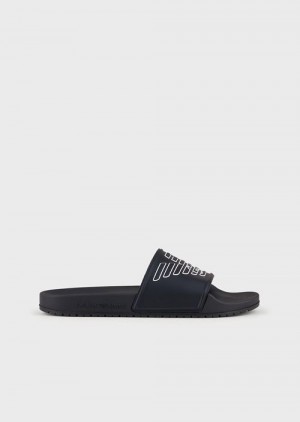 Navy Blue Emporio Armani Pvc Sliders With Oversized, Embossed Eagle | EA-SN58883