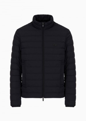 Navy Blue Emporio Armani Quilted Nylon Full-zip Down Jacket With Eagle Logo Patch | EA-SN58245