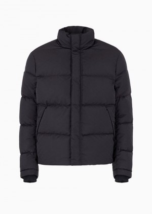 Navy Blue Emporio Armani Quilted Puffer Jacket With All-over Jacquard Eagle | EA-SN58247