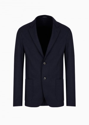 Navy Blue Emporio Armani Raw-cut, Virgin-wool Jersey, Single-breasted Jacket | EA-SN57795