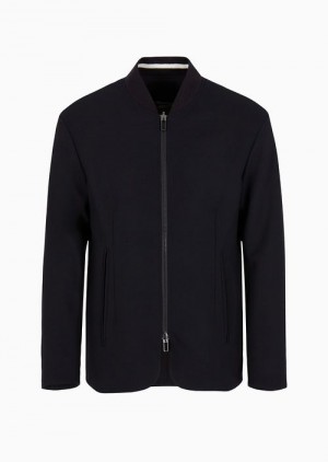 Navy Blue Emporio Armani Reversible Wool-blend Twill Zip-up Jacket | EA-SN57807