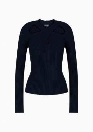 Navy Blue Emporio Armani Ribbed Jumper With Cut-out Crossover | EA-SN56667