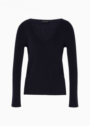 Navy Blue Emporio Armani Seamless Rib-knit V-neck Jumper | EA-SN56665