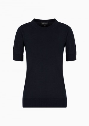 Navy Blue Emporio Armani Short-sleeved Jumper In Plain-knit Pure Virgin Wool | EA-SN56692