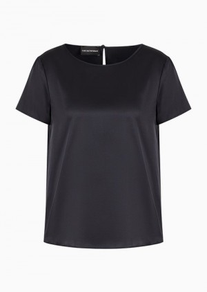 Navy Blue Emporio Armani Silk Satin Blouse | EA-SN56962