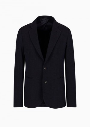 Navy Blue Emporio Armani Single-breasted Jacket In Smooth, Textured Viscose | EA-SN57785