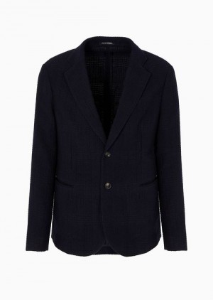 Navy Blue Emporio Armani Single-breasted Jacket In A 3d-effect Prince Of Wales Check Virgin-wool Blend Bouclé Fabric | EA-SN57800