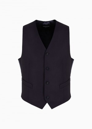 Navy Blue Emporio Armani Single-breasted, Worsted Virgin-wool Gilet | EA-SN57812