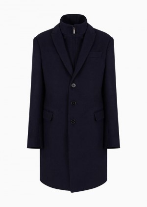 Navy Blue Emporio Armani Single-breasted Coat In A Virgin-wool Blend Plain-knit Cloth | EA-SN58253