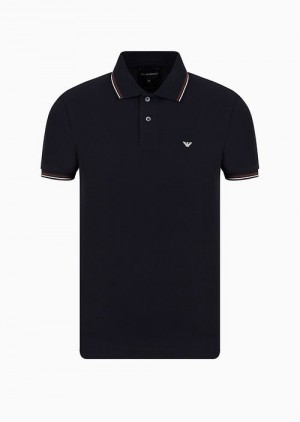 Navy Blue Emporio Armani Slim-fit Stretch Piqué Polo Shirt With Micro Eagle | EA-SN58452