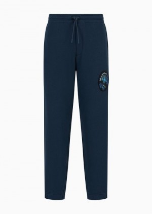 Navy Blue Emporio Armani Soft Twill Joggers With Resort Capsule Collection Patch | EA-SN58290