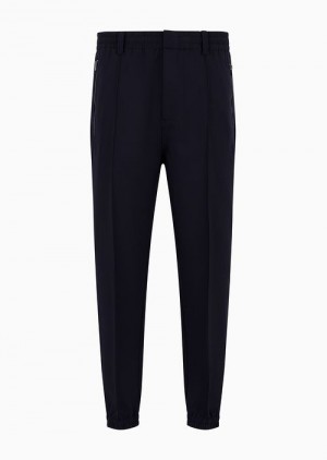 Navy Blue Emporio Armani Soft Viscose-blend Trousers With Central Ribs And Elasticated Hem | EA-SN58340