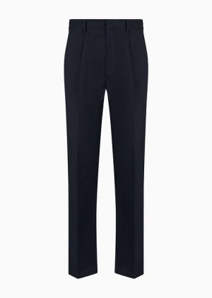 Navy Blue Emporio Armani Soft-touch Pima-cotton Gabardine Trousers With Darts | EA-SN58318