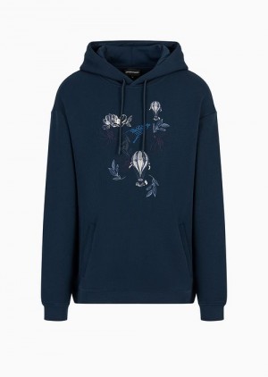 Navy Blue Emporio Armani Soft-twill, Hooded Sweatshirt With Resort Capsule Collection Print Embroidery | EA-SN58479