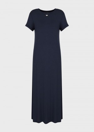 Navy Blue Emporio Armani Stretch-viscose Beach Long Dress | EA-SN56541