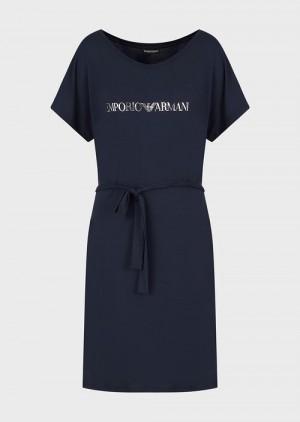 Navy Blue Emporio Armani Stretch-viscose Beach Dress With Logo | EA-SN56543