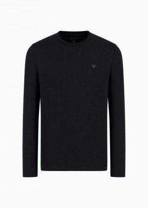 Navy Blue Emporio Armani Supima Jersey Jumper With Micro Logo Patch | EA-SN58721