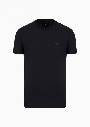 Navy Blue Emporio Armani Supima Jersey T-shirt With Micro Logo Patch | EA-SN58729