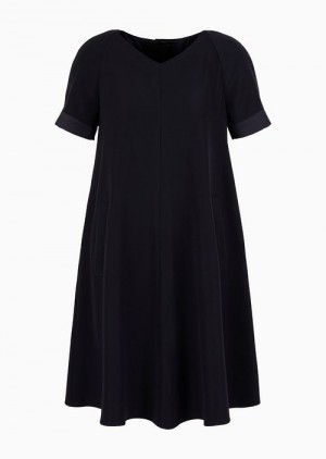 Navy Blue Emporio Armani Tech Cady Flared Dress With Satin Insert | EA-SN56532