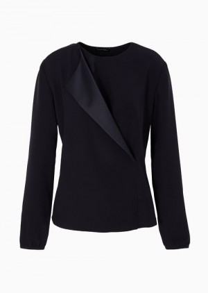 Navy Blue Emporio Armani Technical-cady Blouse With Shiny Satin Lapels | EA-SN56918