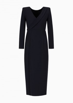 Navy Blue Emporio Armani Techno Cady Midi Dress With Side Draping | EA-SN56533