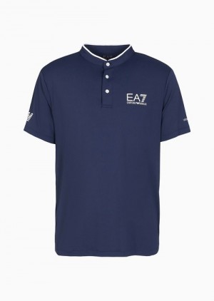 Navy Blue Emporio Armani Tennis Pro Henley-collar Polo Shirt In Ventus7 Technical Fabric | EA7-SN59972