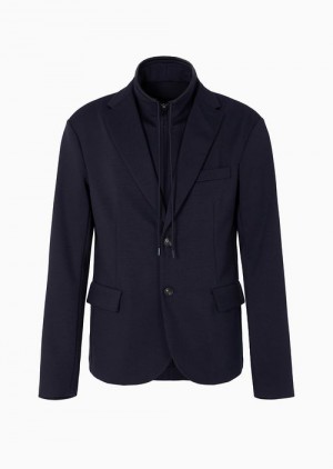 Navy Blue Emporio Armani Travel Essentials Wool-blend Jersey Full-zip Blazer With Detachable Inner Panel | EA-SN57809