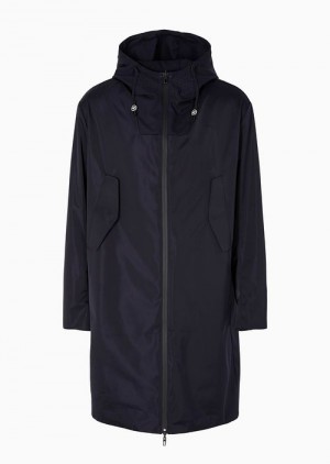 Navy Blue Emporio Armani Travel Essentials Full-zip Reversible Trench Coat With Hood In Satin-effect Technical Fabric | EA-SN58225