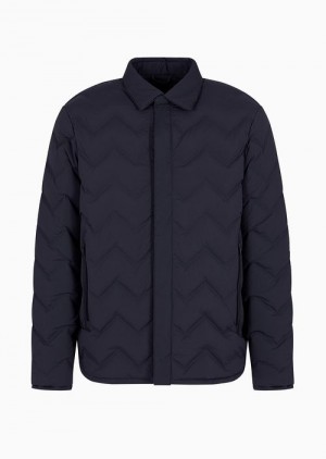 Navy Blue Emporio Armani Travel Essentials Chevron Quilted Nylon Packable Down Jacket With Classic Collar | EA-SN58226