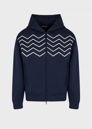 Navy Blue Emporio Armani Travel Essentials Chevron-embroidered Modal Hooded, Zip-up Sweatshirt | EA-SN58493