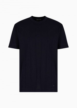 Navy Blue Emporio Armani T-shirt In Ribbed Jersey Jacquard | EA-SN58618