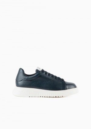 Navy Blue Emporio Armani Tumbled Leather Sneakers | EA-SN58961