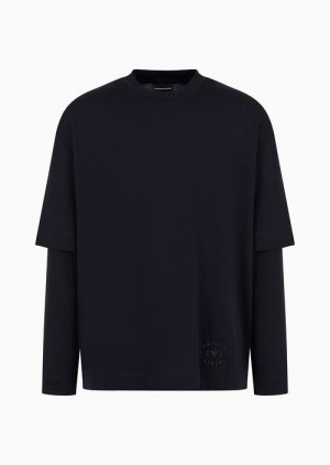 Navy Blue Emporio Armani Two-piece Effect Heavyweight Jersey Oversized-fit Jumper | EA-SN58660