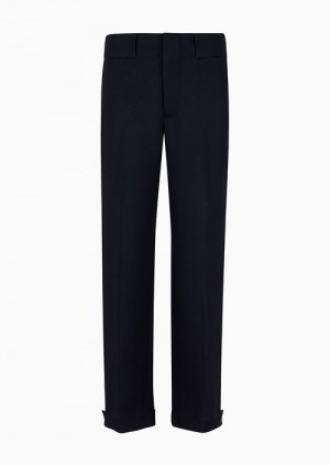 Navy Blue Emporio Armani Virgin Wool Cavalry Twill Trousers With Adjustable Hem | EA-SN58310