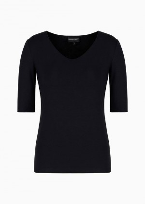 Navy Blue Emporio Armani Viscose Stretch Jersey V-neck Jumper With Three-quarter Length Sleeves | EA-SN57040