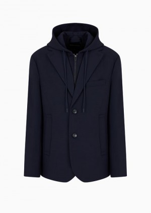 Navy Blue Emporio Armani Viscose-blend Blazer With Detachable Inner Panel And Hood | EA-SN57803