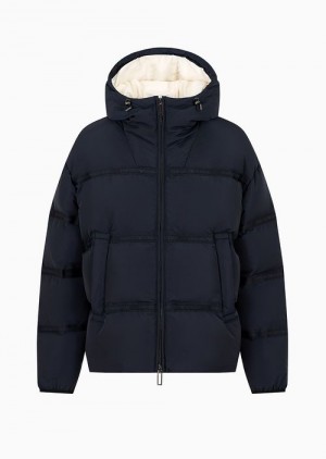 Navy Blue Emporio Armani Water-repellent Hooded Down Jacket In Nylon Ottoman With Jacquard Logo Tape | EA-SN58213