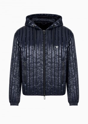 Navy Blue Emporio Armani Water-repellent Hooded Nylon Down Jacket With Vertical Quilting | EA-SN58223